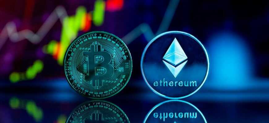 Close-up of Bitcoin and Ethereum coins with a financial chart background, reflecting digital currency trends.
