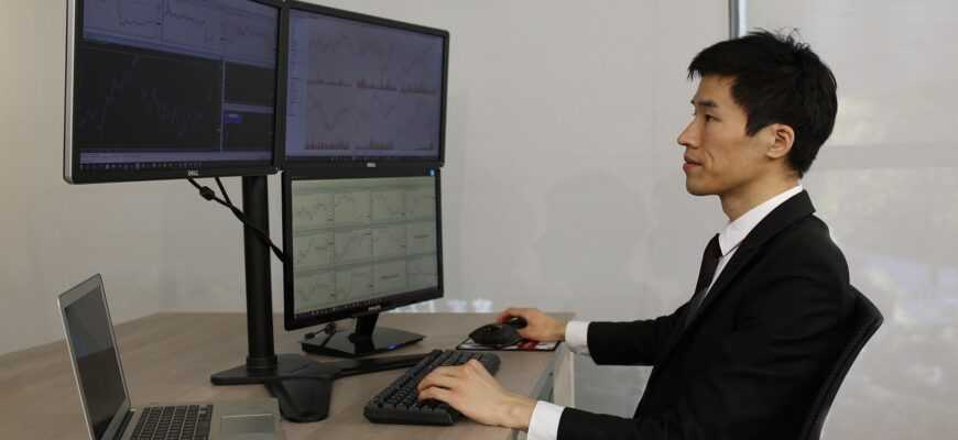 computer, office, business, laptop, desk trader in the financial multi-screen