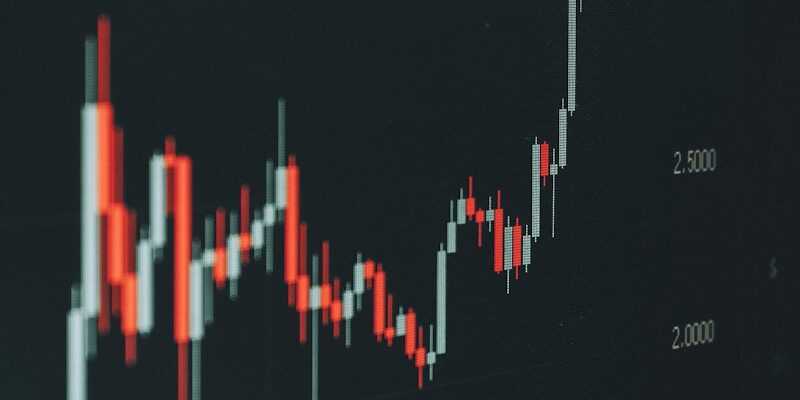 Stock market graph shows fluctuating trends.