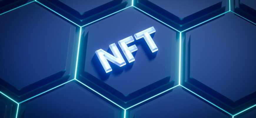 a blue hexagonal background with the word nft on it
