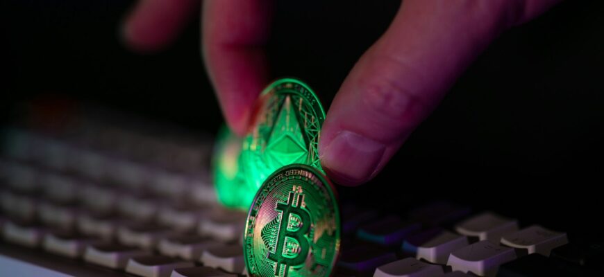 Hand placing glowing crypto coins on a keyboard.